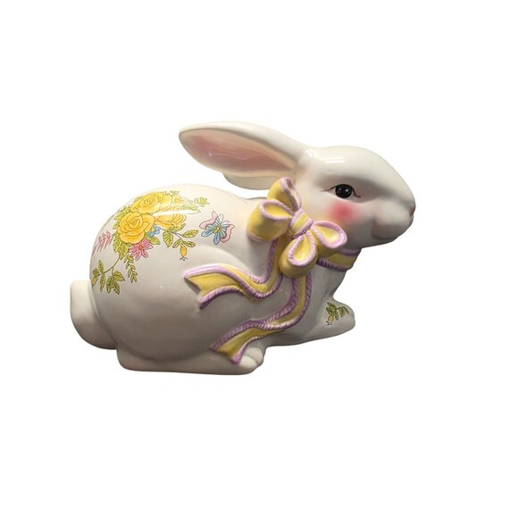 Large Ceramic Bunny Figurine With Floral & Bow Details - Picture 8 of 10